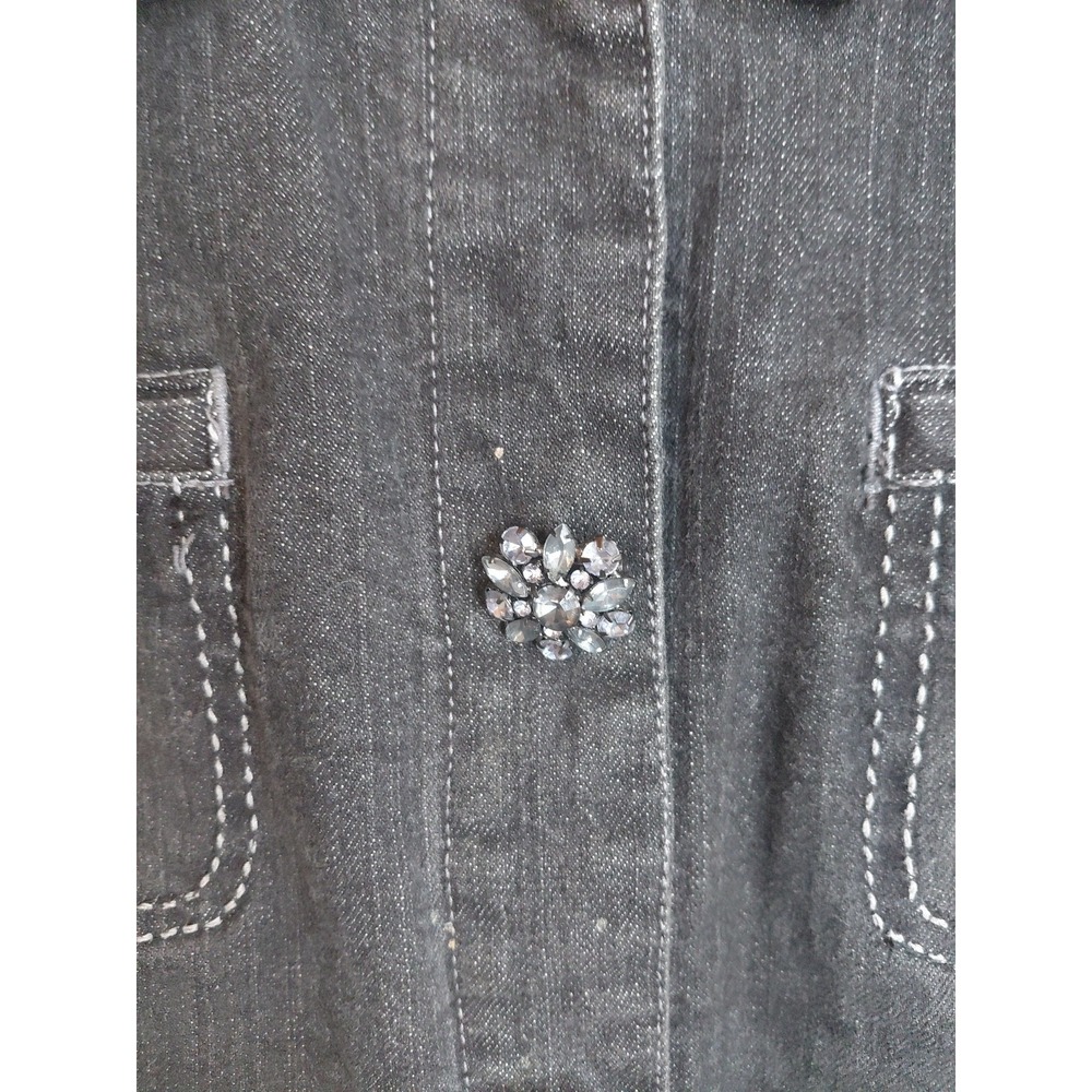 Chico's denim rhinestone flowered Jacket Sz 2 Black classic Boho Feminine Y2k - Picture 2 of 9